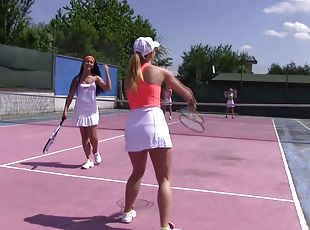 Four juicy tounge twisters playing tennis and fucking