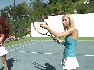 Three hot chicks have lesbian sex outdoors after playing tennis