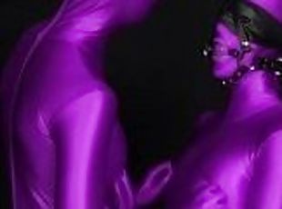 Two hot Zentai girls in different spandex colors playing with bonda...