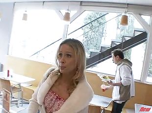 Horny blonde drinks from the fat cock before having it hit her cock...