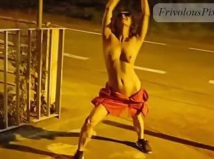 Horny amateur slut dancing naked in public. Pissing, flashing and fingering to orgasm.