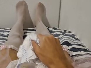 onani, amatør, cumshot, stor-pikk, strømper-stockings, cum, undertøy, fetisj, pikk