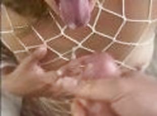 Showing off my fishnets, quick face fuck, then taking a Cumshot in my mouth and on my tits.
