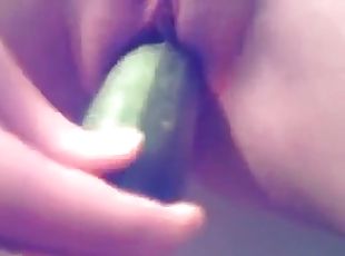 Close up on girl fucking zucchini into her pussy