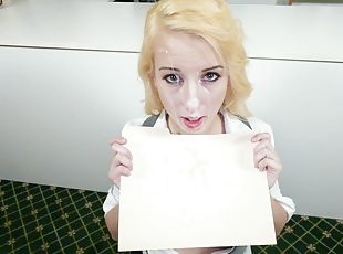 Petite beauty moans with cum on face after highly intense POV sex