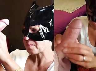4K - MILF in catwoman mask sucks her husband and gets a huge load on her face and then licks the cum
