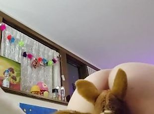cute pudgy babygirl letting her plush toy deer soak in her sexy sce...