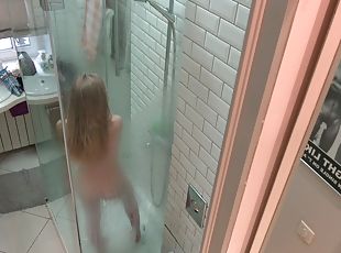 bañando, cámara, voyeur, rubia, tetitas