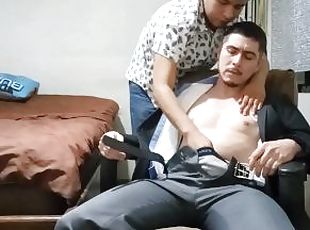 Straight handsome man being massaged and masturbated muscle worship...