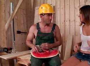 Cocksucking on construction site with slim hottie