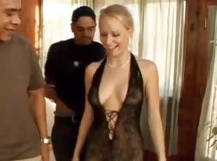 Blonde in body stocking sucks dicks on her knees