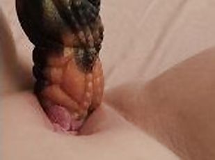 BBW FUCKS HERSELF AND CUMS ON THICK DRAGON DILDO COCK