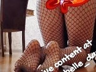 Blonde in fishnets shows her wet pussy and bubble butt