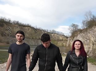 Outdoors video of bisexual threesome with cure redhead Nina
