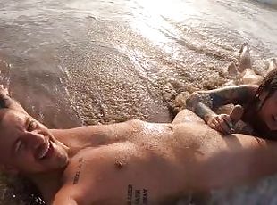Wife sucks my cock with swallow on an empty beach