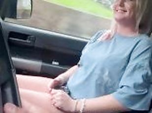 Shy girl gives blowjob on the car while during on a public road til...