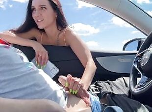 Sexy stranger sucks dick in a car in a public parking lot!