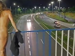 Crazy MILF totally naked over the highway. She was pissed on her cl...