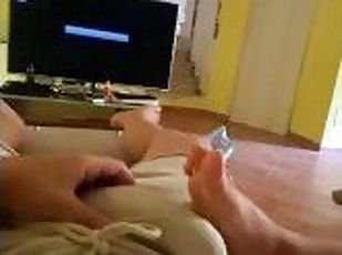 My straight friend doesn't care if i rub my Big Cock on his Foot while i have a boner in my shorts