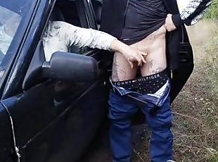 mature milf sitting in the car publicly fingering my dick on the si...
