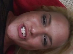 A stunning blonde gags on her guys cocks and sucks it straight from...