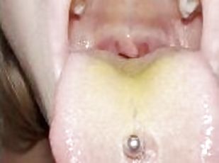 Lila long dirty tongue piercing hocking and spitting loogies showing mouth throat and uvula