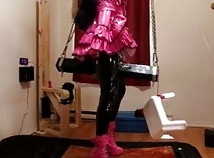 Sissy maid stuck on huge dildo on wooden pony