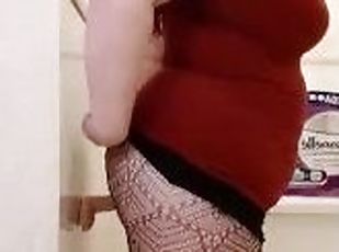 Thick Milf wearing Fishnets in Bathroom with Dildo Stuck to Wall in ASS