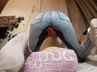 klitoris, onani, orgasme, pussy, skinny, latina, pigtail, jeans, hvit, våt