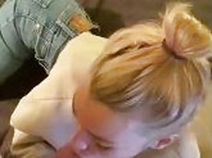 Petite blonde sucks hard veiny cock!