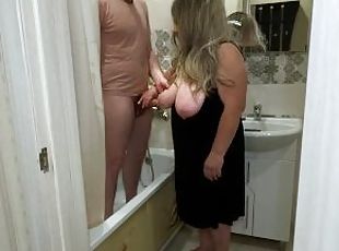 Mature MILF jerked off his cock in the bathroom and engaged in anal...