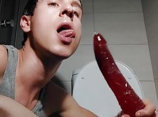 Teen dildo sucking boy whore, jerks off his dick on the toilet, eat...