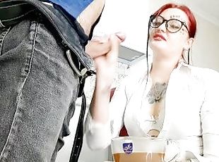 Morning coffee with cum for slave. Dominatrix jerks slave's dick an...