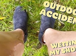 Desperate wetting accident outdoors piss on shoes and dress after p...