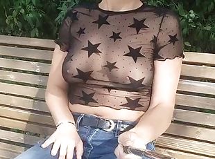 Transparent blouse shows her tits in public