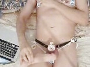 Twink in bikini touch his nipples and hit his balls until he cum in...